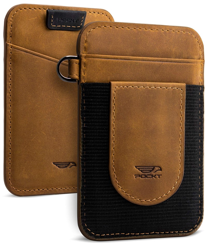 POCKT Card Holder Wallet For Men and Women - Slim Minimalist Front Pocket Wallet Elastic Credit Card Holder Genuine Leather RFID Blocking Card Case Wallets | Vintage Tanâ€¦ - Image 1